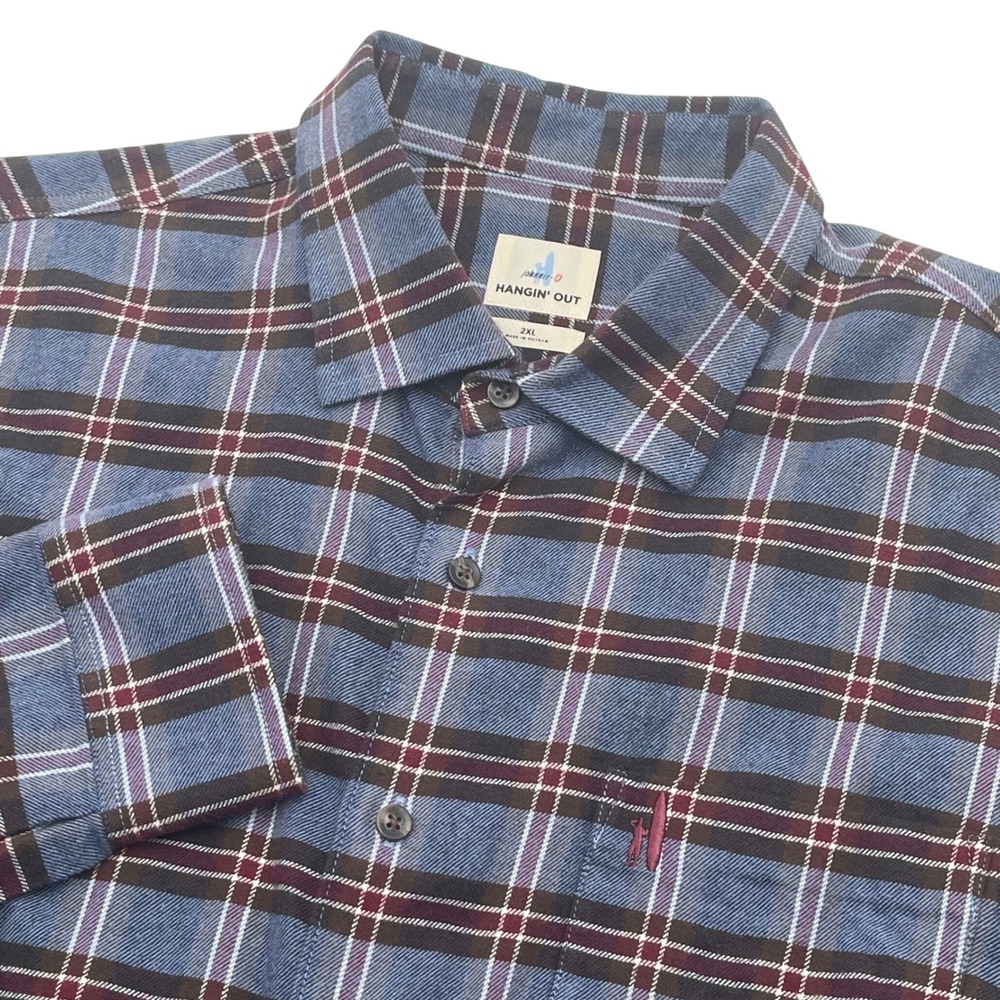 Johnnie-O Hangin' Out Mens 2XL Plaid‎ Flannel Long Sleeve Button Up Shirt Hiking